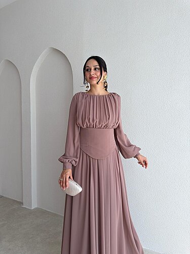 HARVEY Korse Detaylı Maxi Elbise 4187 - Vizon - 2
