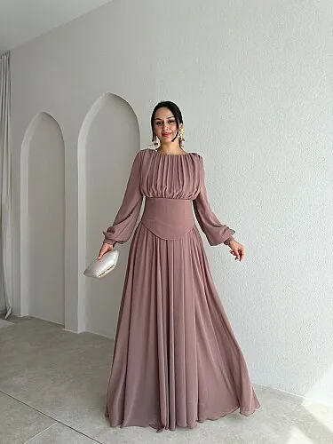 HARVEY Korse Detaylı Maxi Elbise 4187 - Vizon - Mooi Butik