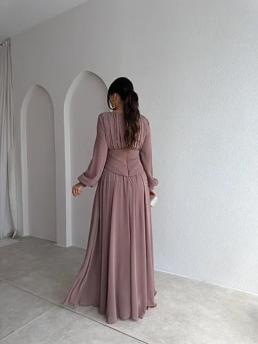HARVEY Korse Detaylı Maxi Elbise 4187 - Vizon - 3