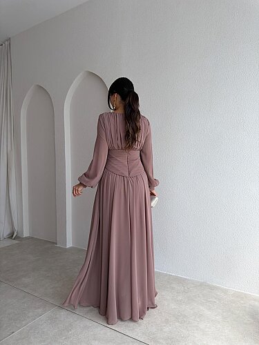 HARVEY Korse Detaylı Maxi Elbise 4187 - Vizon - 3