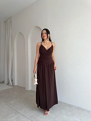 HAWKEN Maxi Elbise 4031 - Acı Kahve - Mooi Butik