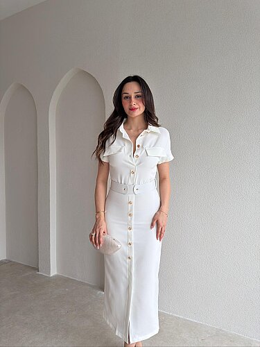 HAYİS Düğme Detaylı Midi Elbise 4633 - Beyaz 