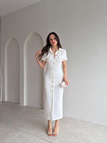 HAYİS Düğme Detaylı Midi Elbise 4633 - Beyaz - 2