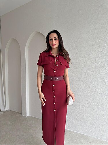 HAYİS Düğme Detaylı Midi Elbise 4633 - Bordo - 1