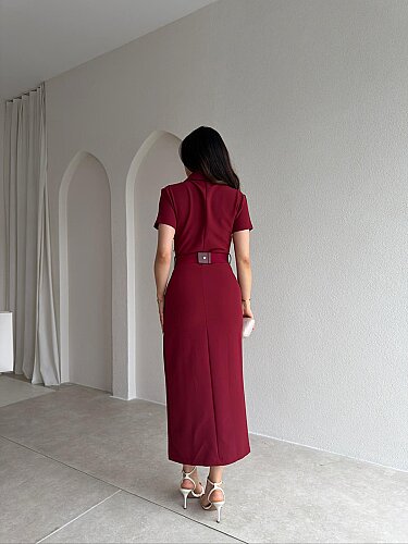 HAYİS Düğme Detaylı Midi Elbise 4633 - Bordo - 3