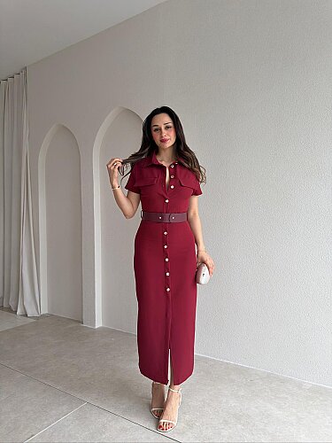 HAYİS Düğme Detaylı Midi Elbise 4633 - Bordo - 2