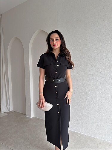 HAYİS Düğme Detaylı Midi Elbise 4633 - Siyah - Mooi Butik