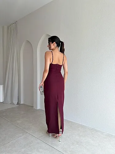 HİPNOS Broş Detaylı Maxi Elbise 4061 - Bordo - 3