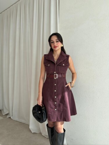 HOBBİT Kemerli Denim Elbise 8841 - Bordo - 1