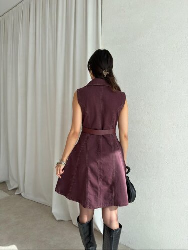 HOBBİT Kemerli Denim Elbise 8841 - Bordo - 3