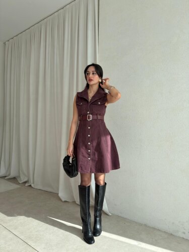 HOBBİT Kemerli Denim Elbise 8841 - Bordo - 2