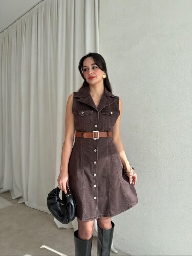 HOBBİT Kemerli Denim Elbise 8841 - Kahverengi - 1