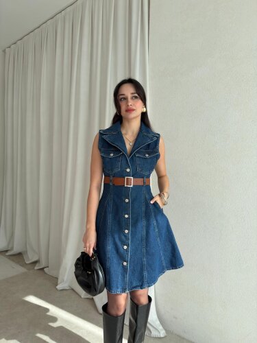 HOBBİT Kemerli Denim Elbise 8841 - Lacivert - 1
