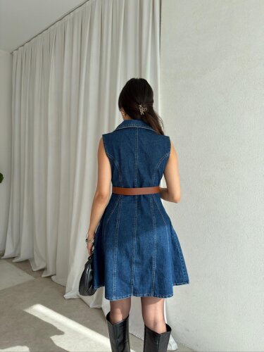 HOBBİT Kemerli Denim Elbise 8841 - Lacivert - 2