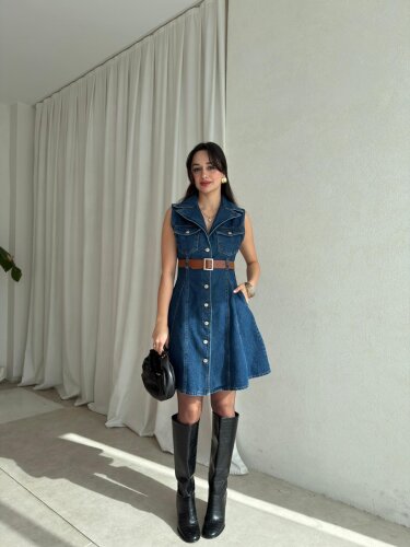 HOBBİT Kemerli Denim Elbise 8841 - Lacivert - 3