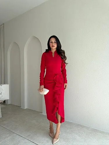 HOWSER Midi Elbise 4324 - Kırmızı - Mooi Butik