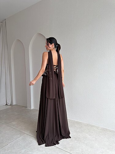 İLYA İşleme Detaylı Maxi Elbise 4088 - Acı Kahve - 3