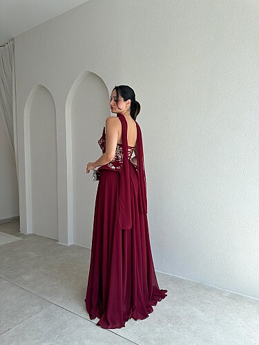 İLYA İşleme Detaylı Maxi Elbise 4088 - Bordo - 3