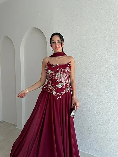 İLYA İşleme Detaylı Maxi Elbise 4088 - Bordo - 2