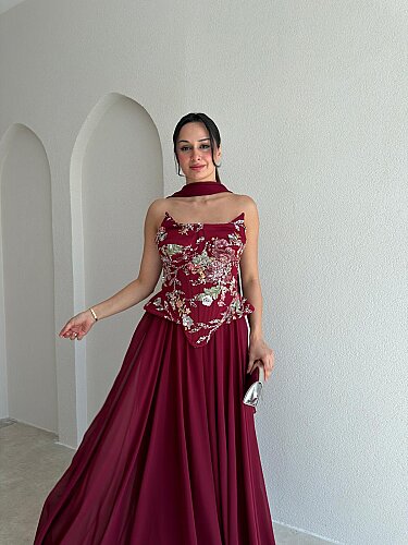 İLYA İşleme Detaylı Maxi Elbise 4088 - Bordo - 2
