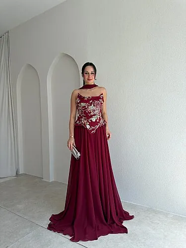İLYA İşleme Detaylı Maxi Elbise 4088 - Bordo - Mooi Butik