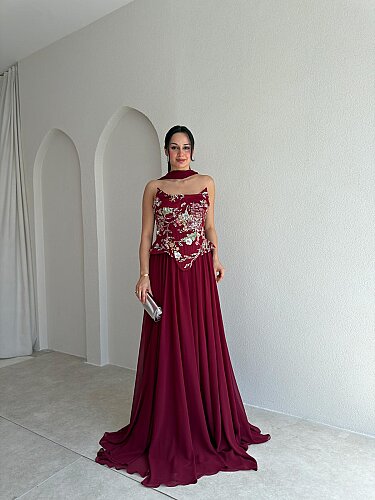 İLYA İşleme Detaylı Maxi Elbise 4088 - Bordo - 1