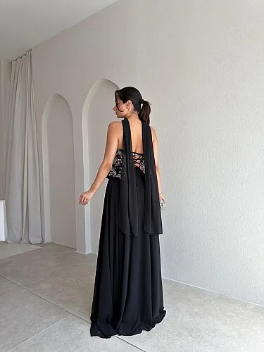  İLYA İşleme Detaylı Maxi Elbise 4088 - Siyah - 3