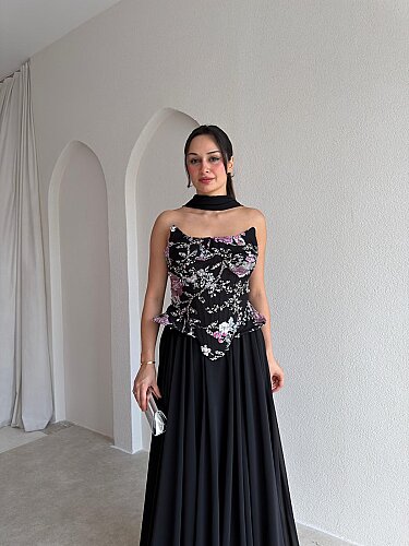  İLYA İşleme Detaylı Maxi Elbise 4088 - Siyah - 2