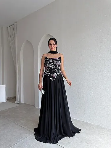  İLYA İşleme Detaylı Maxi Elbise 4088 - Siyah - Mooi Butik