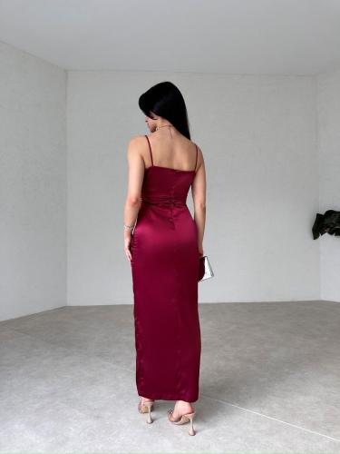 Vencover Saten Elbise 5682 - Bordo - 3