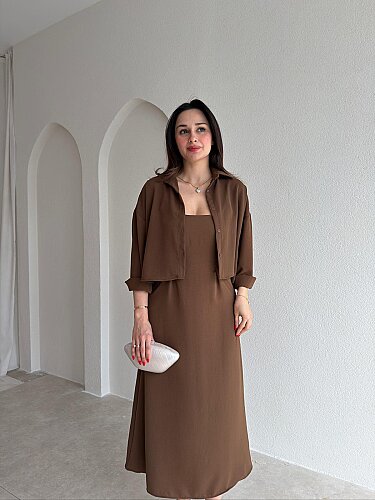 İNOX Midi Elbise & Gömlek Takım 5492 - Kahverengi - 2