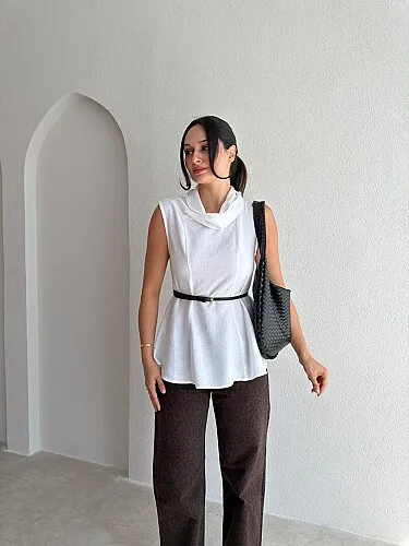 İVAN Kemerli Bluz 4191 - Beyaz - Mooi Butik