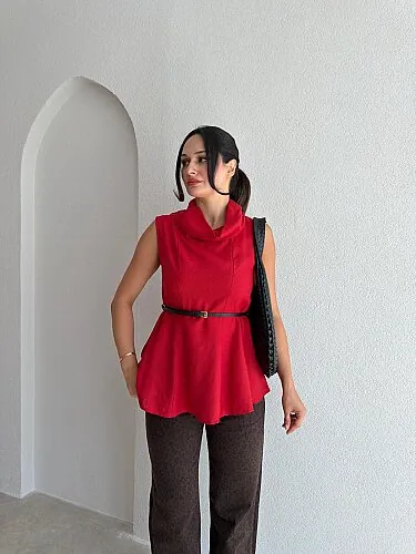  İVAN Kemerli Bluz 4191 - Kırmızı - Mooi Butik