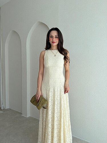 İVORY Dantelli Midi Elbise 7456 - Ekru - 2