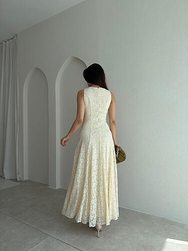 İVORY Dantelli Midi Elbise 7456 - Ekru - 3