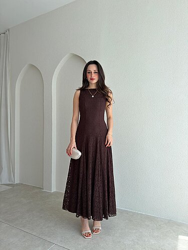 İVORY Dantelli Midi Elbise 7456 - Acı Kahve - 1