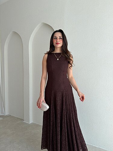 İVORY Dantelli Midi Elbise 7456 - Acı Kahve - 2