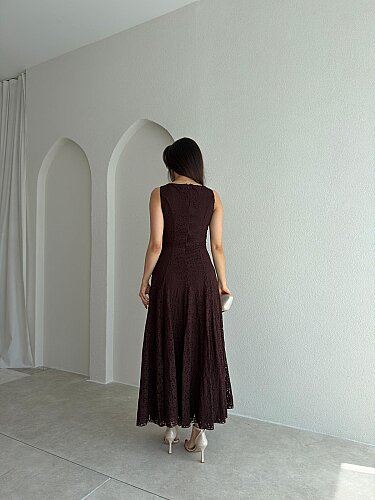 İVORY Dantelli Midi Elbise 7456 - Acı Kahve - 3