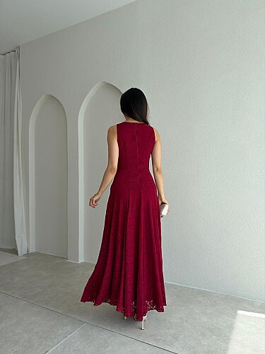İVORY Dantelli Midi Elbise 7456 - Bordo - 3
