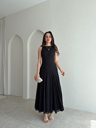 İVORY Dantelli Midi Elbise 7456 - Siyah - 1