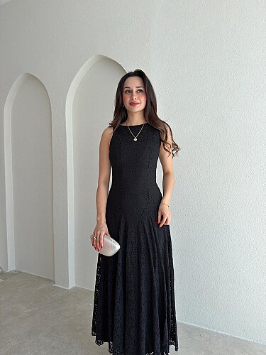 İVORY Dantelli Midi Elbise 7456 - Siyah - 2
