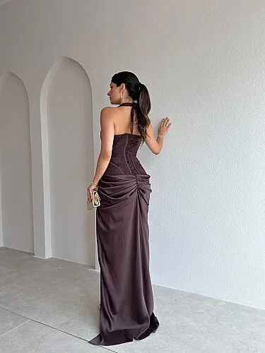 JAHMİR Korse Detaylı Maxi Elbise 5701 - Acı Kahve - 3