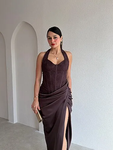 JAHMİR Korse Detaylı Maxi Elbise 5701 - Acı Kahve - 2