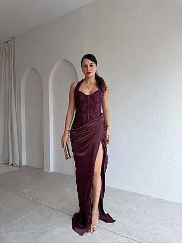JAHMİR Korse Detaylı Maxi Elbise 5701 - Mürdüm - 1