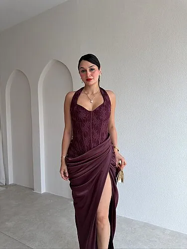 JAHMİR Korse Detaylı Maxi Elbise 5701 - Mürdüm - 2