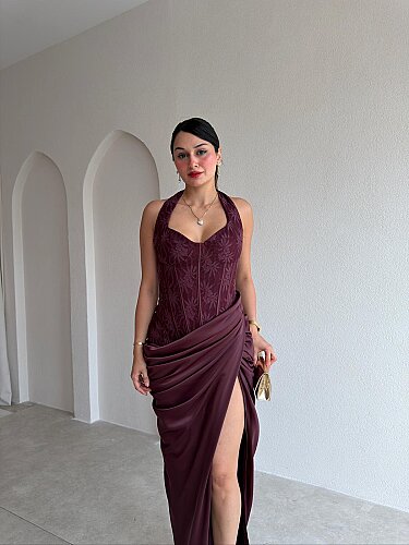 JAHMİR Korse Detaylı Maxi Elbise 5701 - Mürdüm - 2