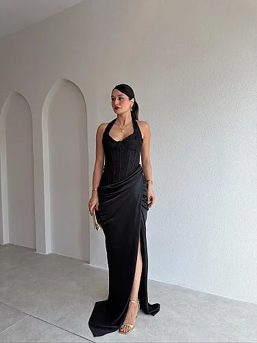 JAHMİR Korse Detaylı Maxi Elbise 5701 - Siyah - Mooi Butik