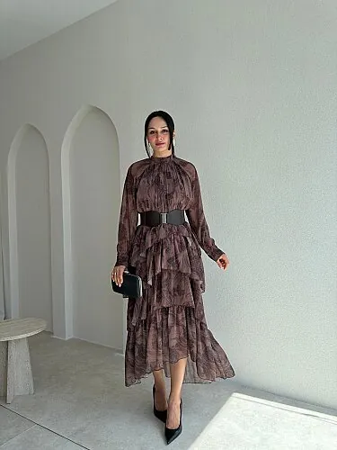 JANERO Desenli Midi Elbise 4176 - Kahverengi - Mooi Butik