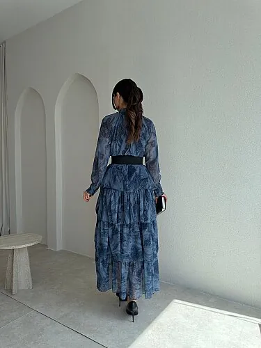 JANERO Desenli Midi Elbise 4176 - Lacivert - 2