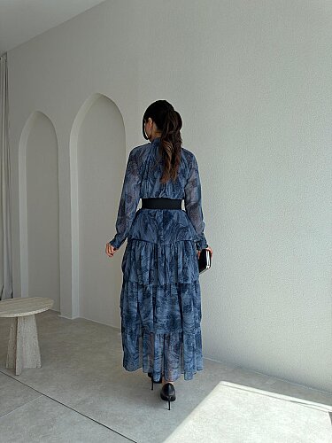 JANERO Desenli Midi Elbise 4176 - Lacivert - 2